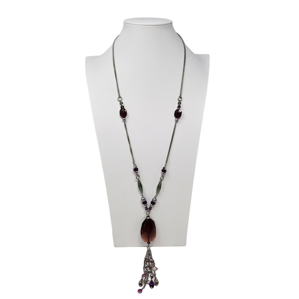 Lia Sophia Long Silver Tone Beaded Pendant Necklace Rhinestones Tassel